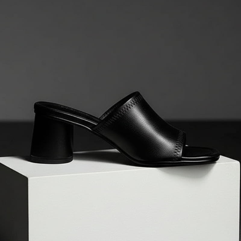 Angela Leather Open Toe Block Heel Mules – Square Toe Mid Heel Elegant Slip On Shoes
