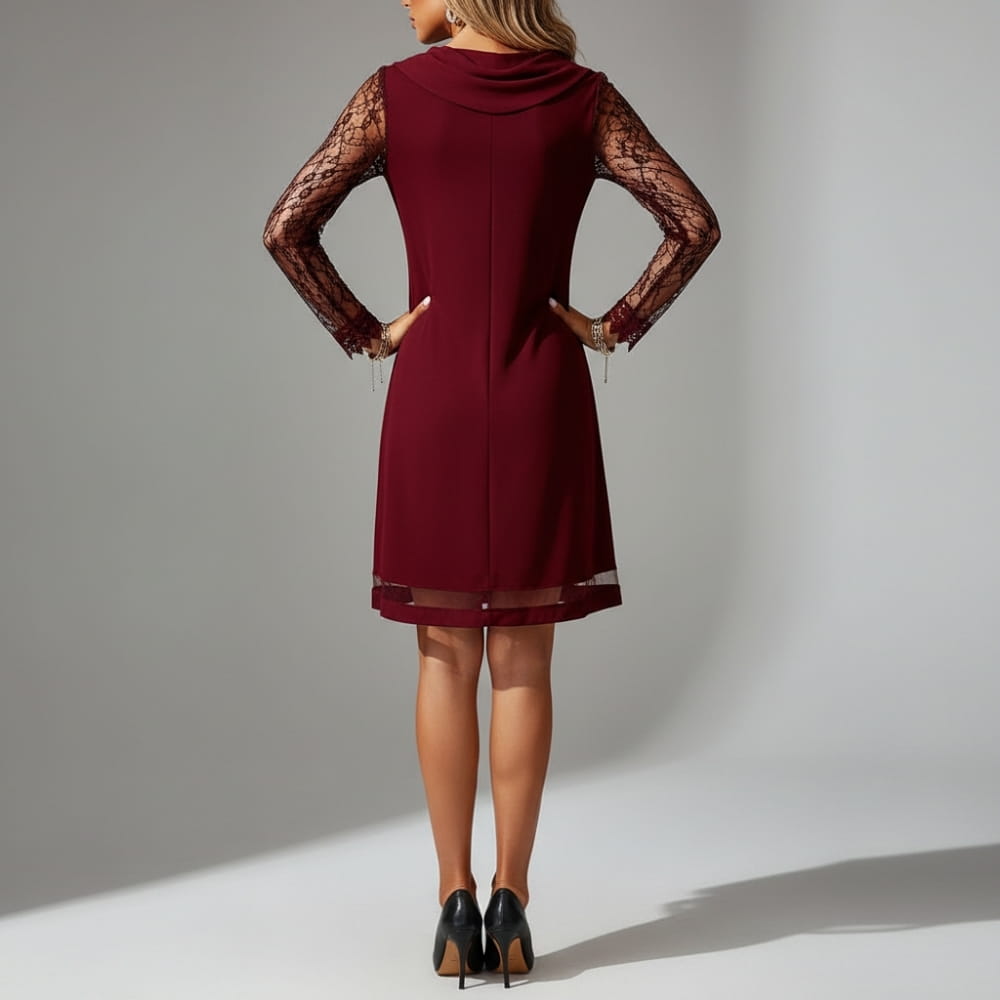 Judith Lace Draped Mini Dress – Sheer Sleeve Elegant Evening Occasion Wear