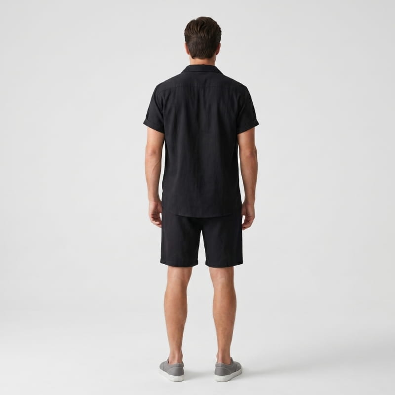 Leon Linen Two-Piece Set – Cuban Collar Shirt Drawstring Shorts Relaxed Summer Casual Outfit