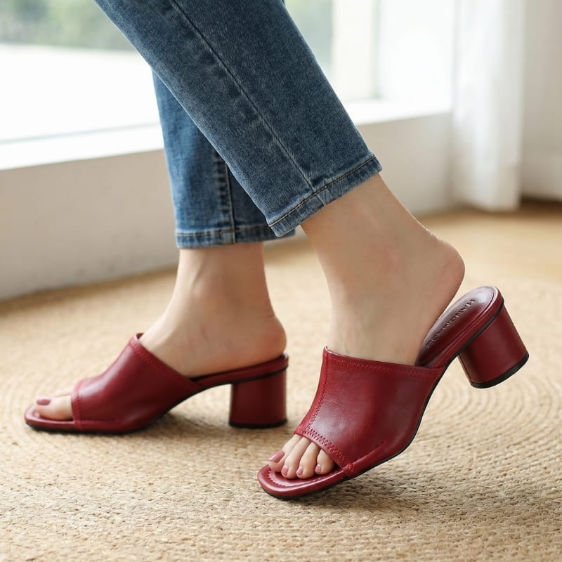 Angela Leather Open Toe Block Heel Mules – Square Toe Mid Heel Elegant Slip On Shoes