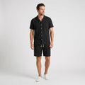 Leon Linen Two-Piece Set – Cuban Collar Shirt Drawstring Shorts Relaxed Summer Casual Outfit