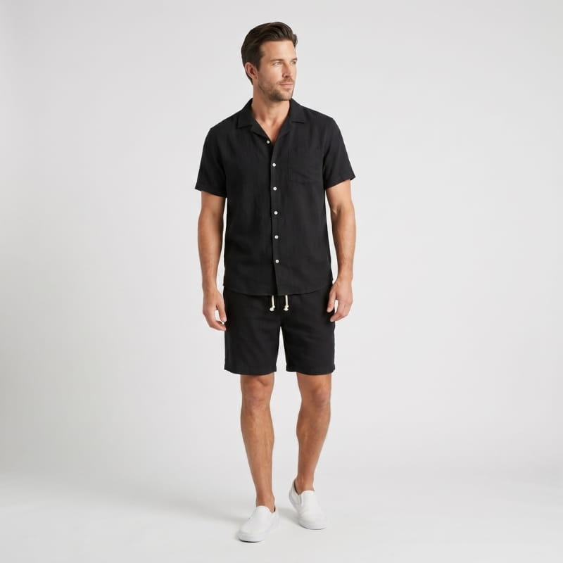 Leon Linen Two-Piece Set – Cuban Collar Shirt Drawstring Shorts Relaxed Summer Casual Outfit