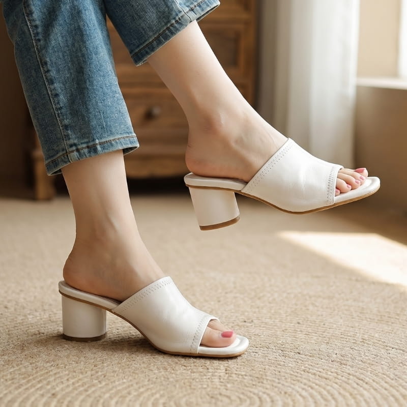 Angela Leather Open Toe Block Heel Mules – Square Toe Mid Heel Elegant Slip On Shoes