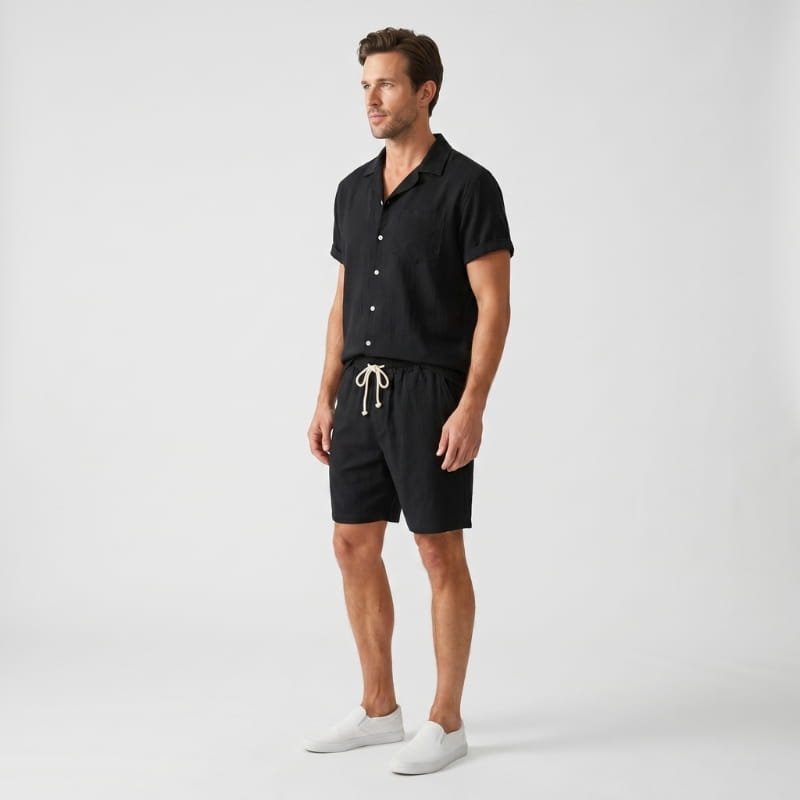 Leon Linen Two-Piece Set – Cuban Collar Shirt Drawstring Shorts Relaxed Summer Casual Outfit