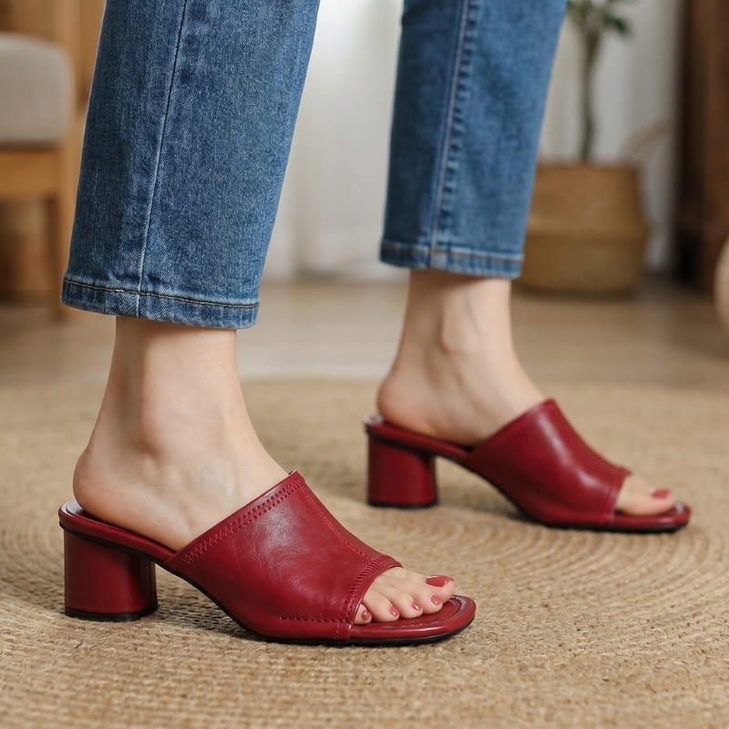 Angela Leather Open Toe Block Heel Mules – Square Toe Mid Heel Elegant Slip On Shoes