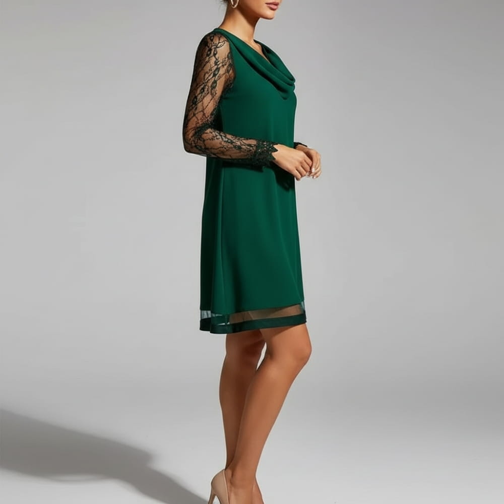 Judith Lace Draped Mini Dress – Sheer Sleeve Elegant Evening Occasion Wear