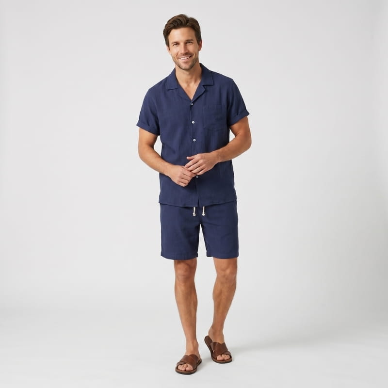 Leon Linen Two-Piece Set – Cuban Collar Shirt Drawstring Shorts Relaxed Summer Casual Outfit
