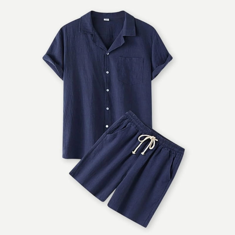 Leon Linen Two-Piece Set – Cuban Collar Shirt Drawstring Shorts Relaxed Summer Casual Outfit