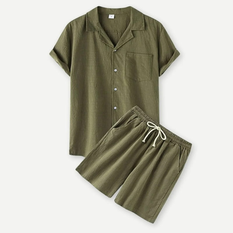 Leon Linen Two-Piece Set – Cuban Collar Shirt Drawstring Shorts Relaxed Summer Casual Outfit