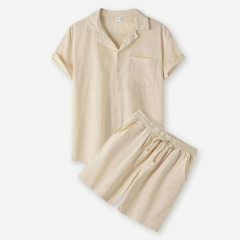 Leon Linen Two-Piece Set – Cuban Collar Shirt Drawstring Shorts Relaxed Summer Casual Outfit