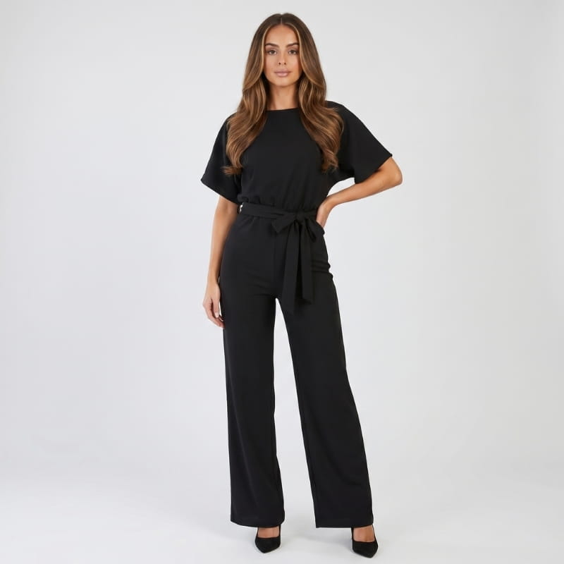 Nadia Woven Wide Leg Jumpsuit – Bateau Neck Dolman Sleeve Self-Tie Belt Elegant Occasion Outfit