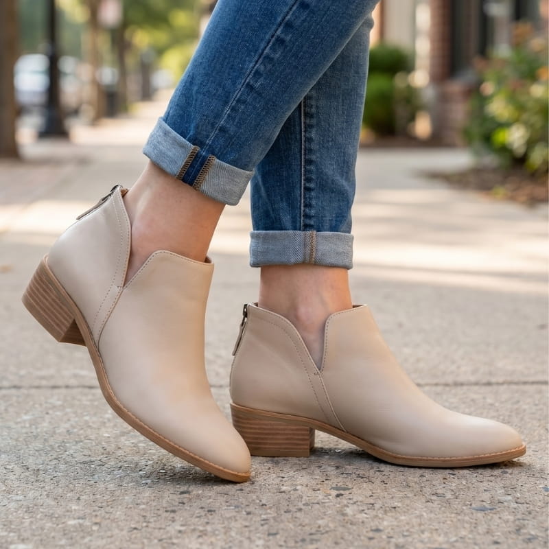 Vivienne Low Heel Leather Ankle Boots – Side-Split Back Zipper Comfort Style