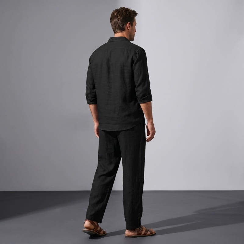 Felix Linen Two-Piece Set – Band Collar Shirt Wide Leg Elastic Waist Relaxed Casual Outfit