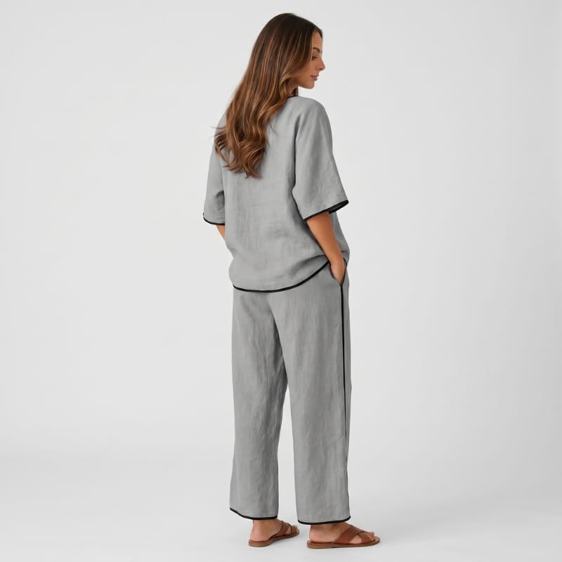 Alona Contrast Trim Linen Two-Piece Set – Round Neck Oversized Top Cropped Wide Leg Outfit