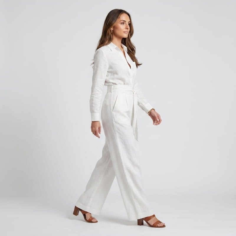 Jessy Linen Wide Leg Jumpsuit – Shirt Collar Self-Tie Belt Long Sleeve Elegant Casual Outfit
