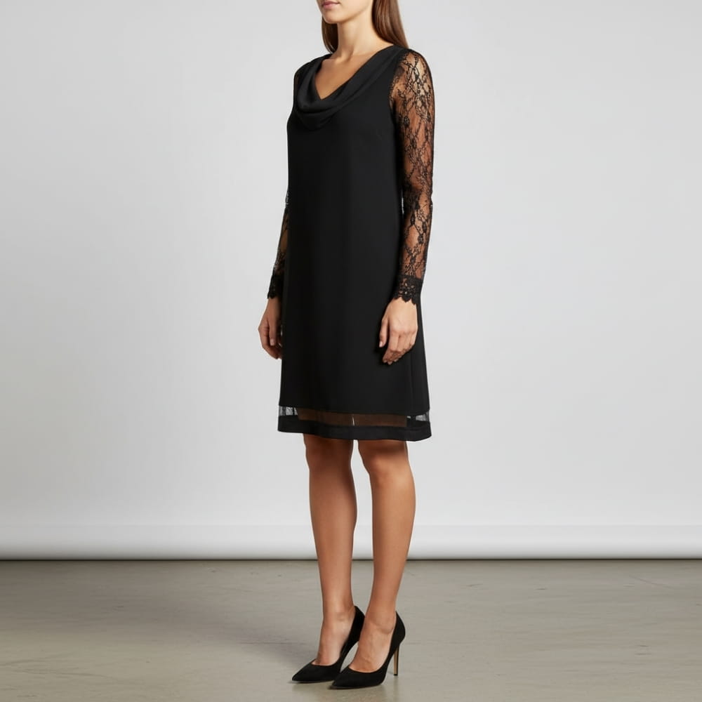 Judith Lace Draped Mini Dress – Sheer Sleeve Elegant Evening Occasion Wear