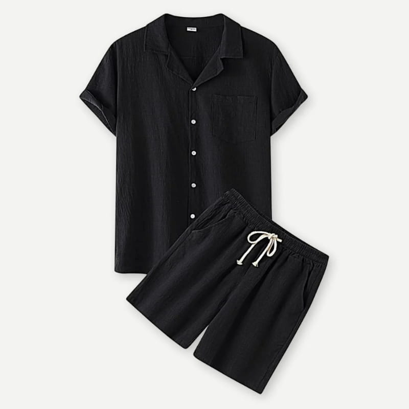 Leon Linen Two-Piece Set – Cuban Collar Shirt Drawstring Shorts Relaxed Summer Casual Outfit