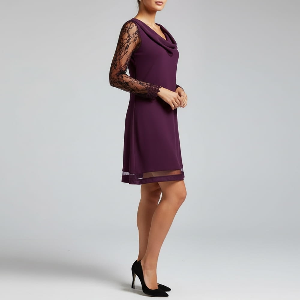 Judith Lace Draped Mini Dress – Sheer Sleeve Elegant Evening Occasion Wear