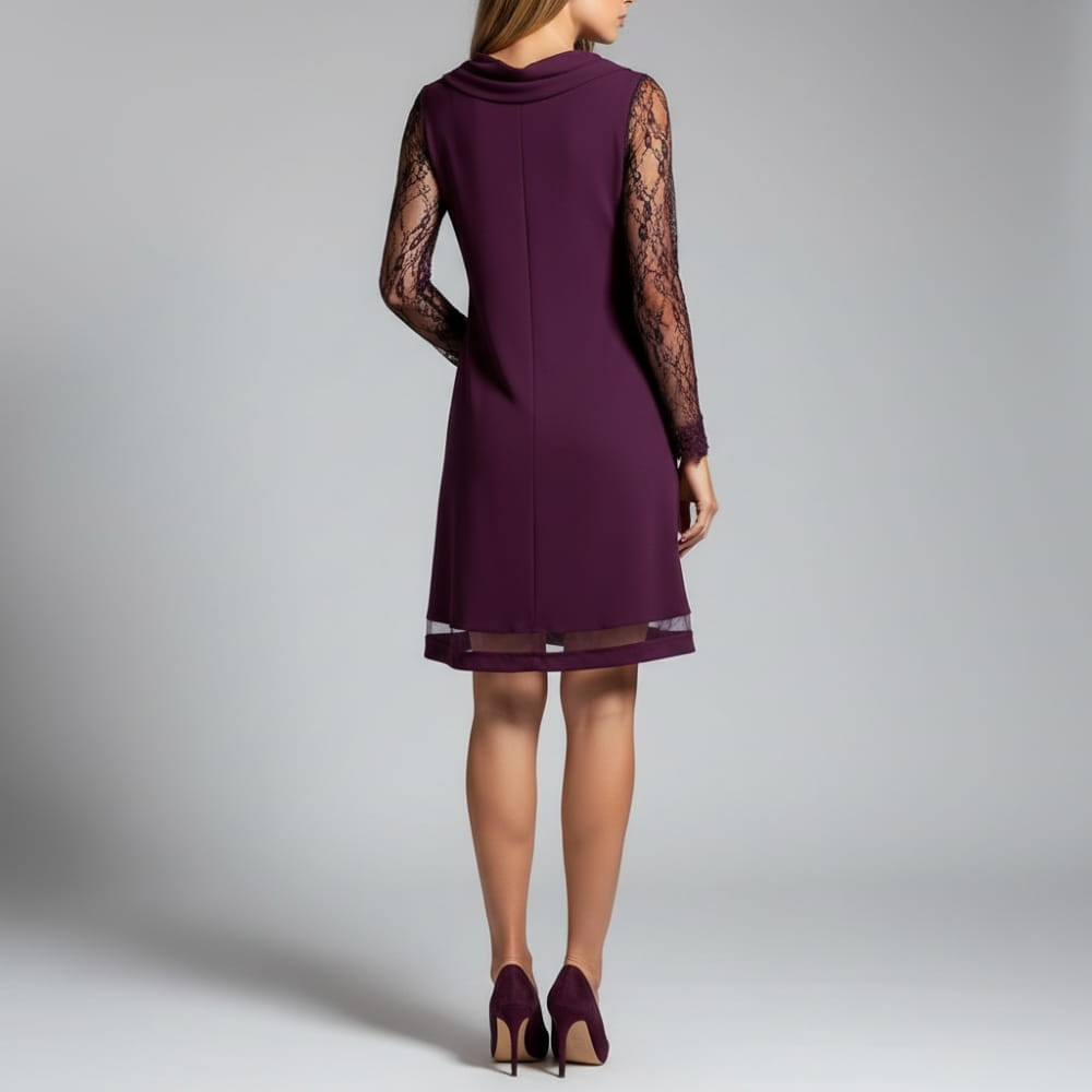 Judith Lace Draped Mini Dress – Sheer Sleeve Elegant Evening Occasion Wear