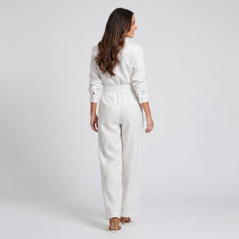 Jessy Linen Wide Leg Jumpsuit – Shirt Collar Self-Tie Belt Long Sleeve Elegant Casual Outfit