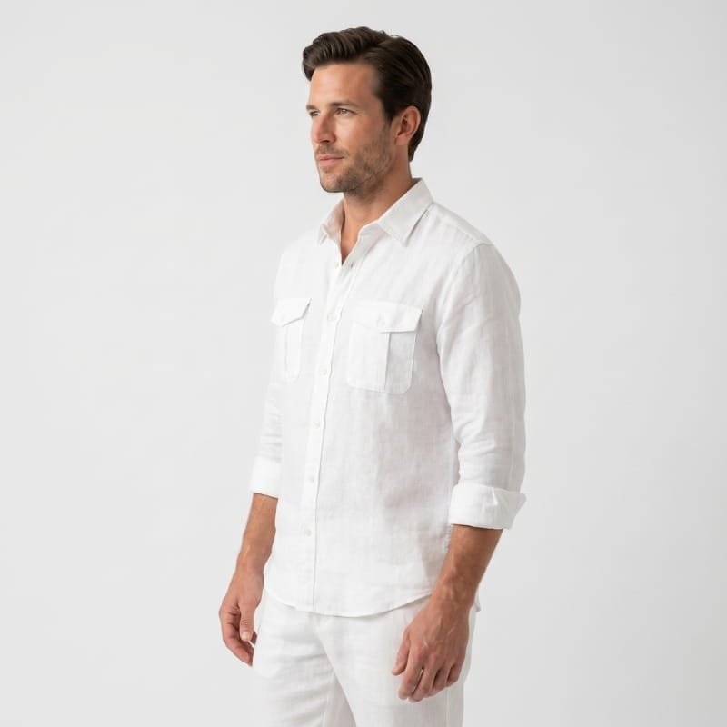 Harold Cotton Linen Utility Shirt – Double Chest Pocket Point Collar Long Sleeve Casual Top