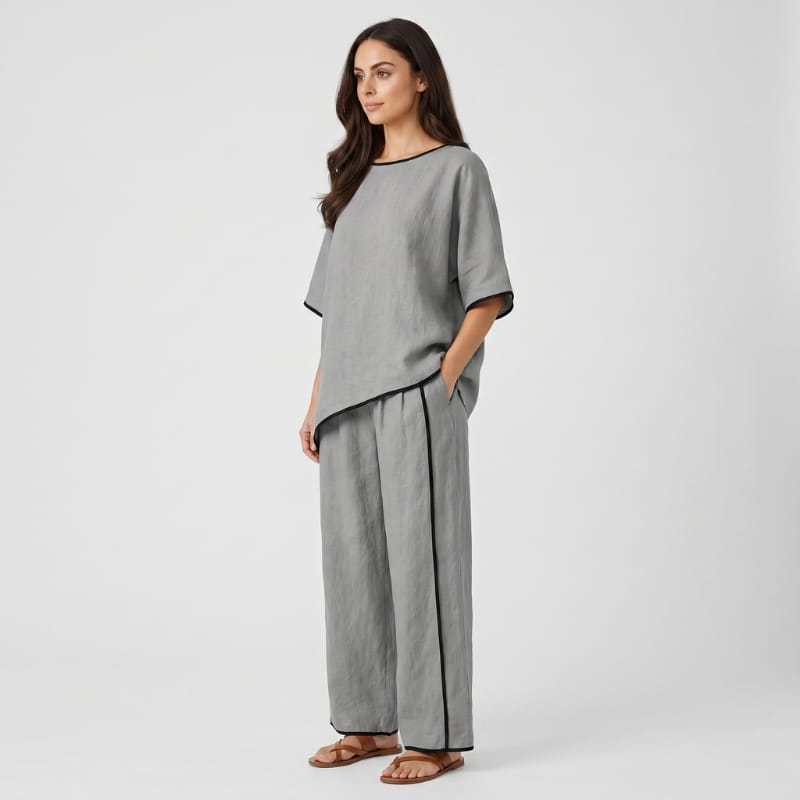 Alona Contrast Trim Linen Two-Piece Set – Round Neck Oversized Top Cropped Wide Leg Outfit