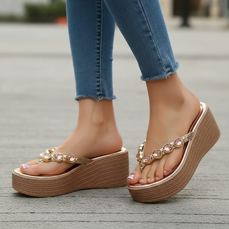 Aurora Rhinestone Wedge Slip On Platform Sandals – Cushioned Everyday Summer Footwear