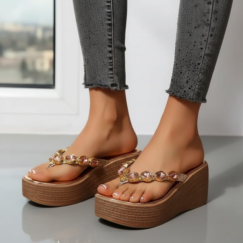 Aurora Rhinestone Wedge Slip On Platform Sandals – Cushioned Everyday Summer Footwear