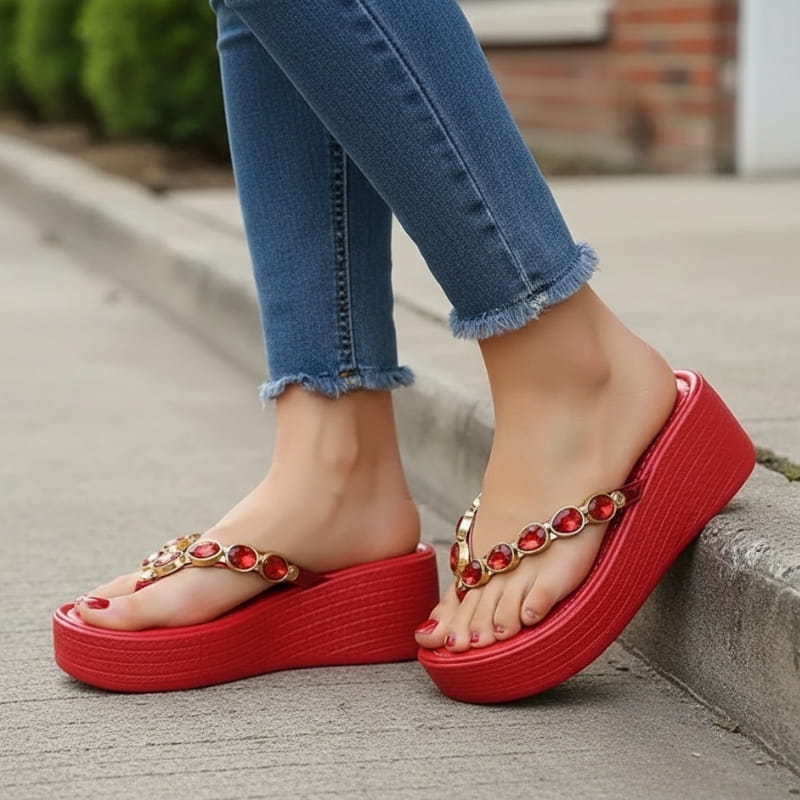 Aurora Rhinestone Wedge Slip On Platform Sandals – Cushioned Everyday Summer Footwear