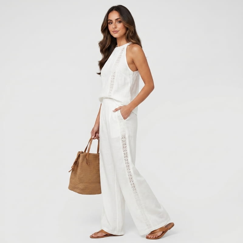 Fiora Linen Two-Piece Set – Halter Neck Lace Trim Top Wide Leg Trouser Elegant Resort Outfit