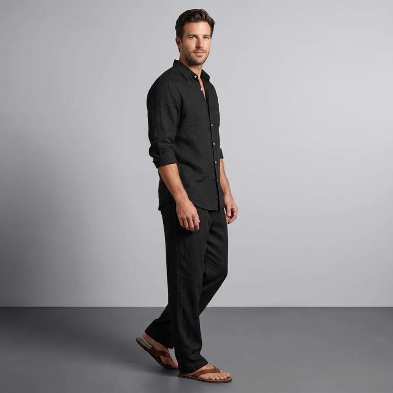 Felix Linen Two-Piece Set – Band Collar Shirt Wide Leg Elastic Waist Relaxed Casual Outfit