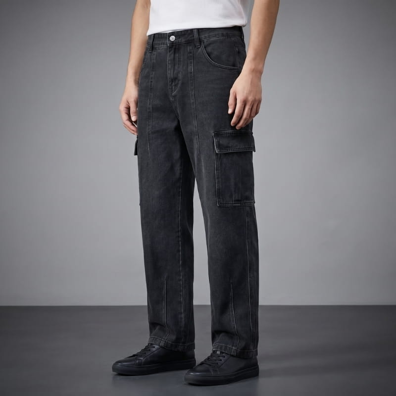 Noel Washed Cargo Denim Pants – Relaxed Utility Streetwear Fit