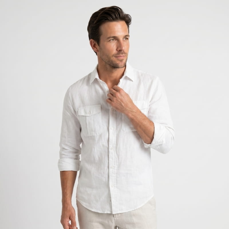 Harold Cotton Linen Utility Shirt – Double Chest Pocket Point Collar Long Sleeve Casual Top
