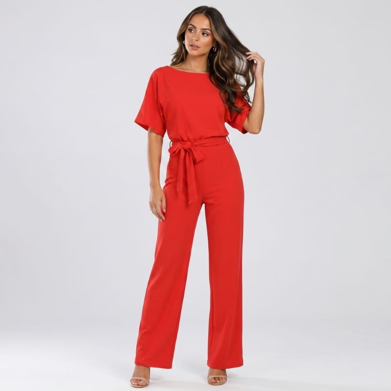Nadia Woven Wide Leg Jumpsuit – Bateau Neck Dolman Sleeve Self-Tie Belt Elegant Occasion Outfit