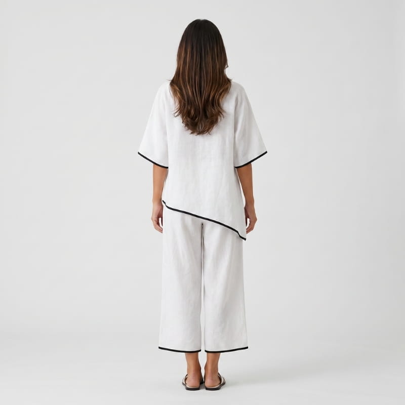 Alona Contrast Trim Linen Two-Piece Set – Round Neck Oversized Top Cropped Wide Leg Outfit
