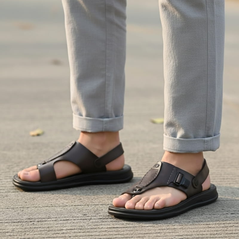 Lionel Retro Buckle Strap Leather Sandals – Open Toe Comfort Beach Footwear