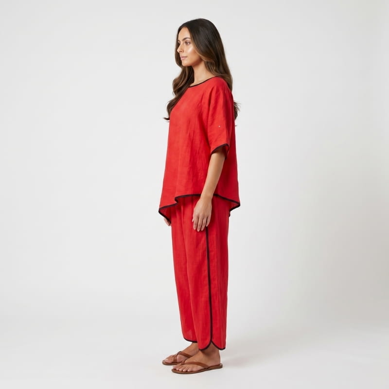 Alona Contrast Trim Linen Two-Piece Set – Round Neck Oversized Top Cropped Wide Leg Outfit