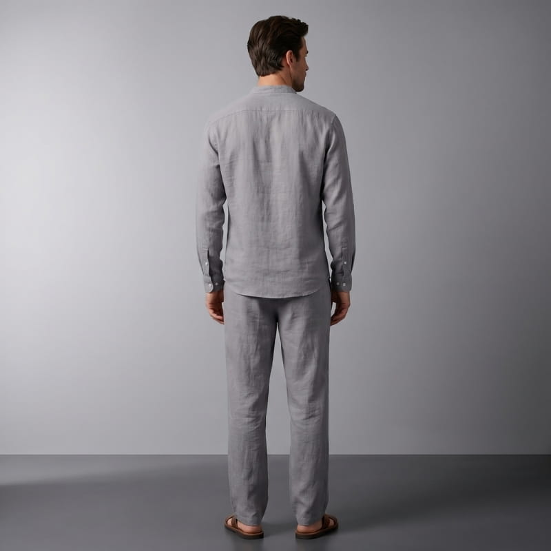 Felix Linen Two-Piece Set – Band Collar Shirt Wide Leg Elastic Waist Relaxed Casual Outfit
