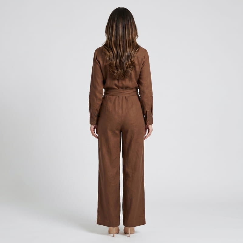 Jessy Linen Wide Leg Jumpsuit – Shirt Collar Self-Tie Belt Long Sleeve Elegant Casual Outfit