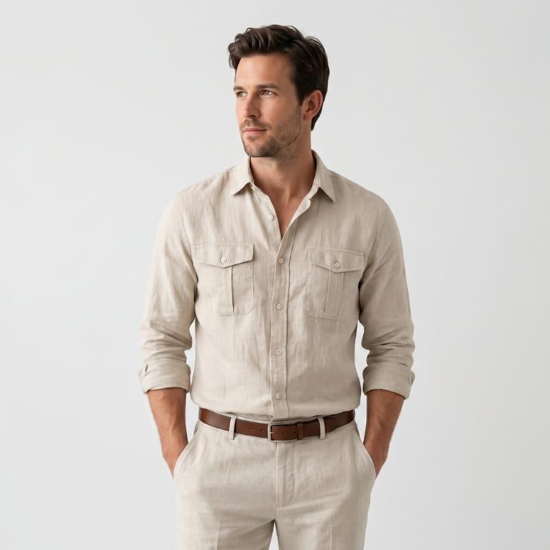 Harold Cotton Linen Utility Shirt – Double Chest Pocket Point Collar Long Sleeve Casual Top