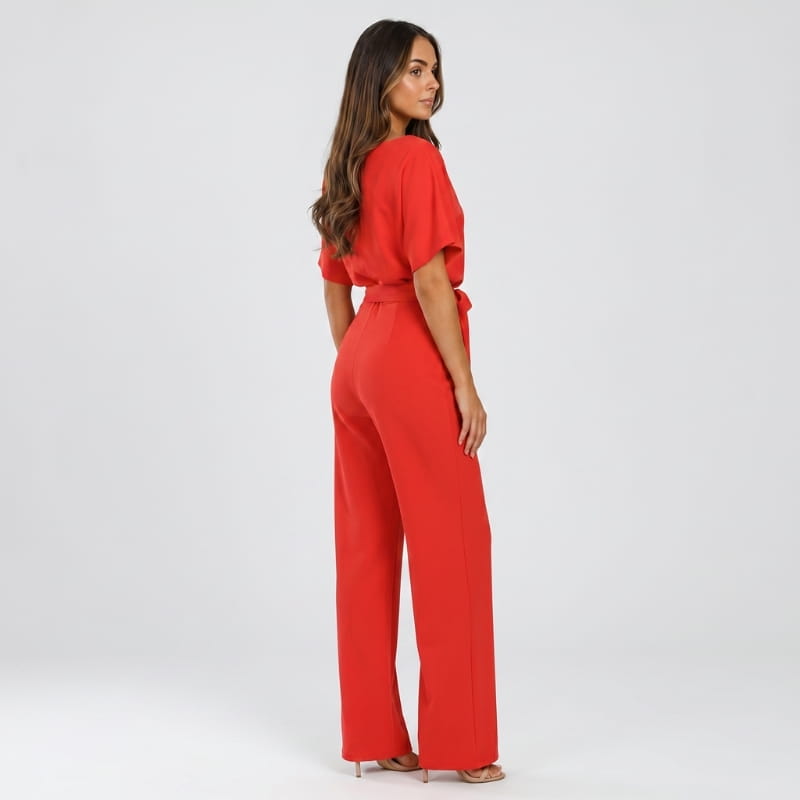 Nadia Woven Wide Leg Jumpsuit – Bateau Neck Dolman Sleeve Self-Tie Belt Elegant Occasion Outfit