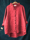 Briana Cotton Linen Blouse – Relaxed Ruffled Neckline Everyday Shirt