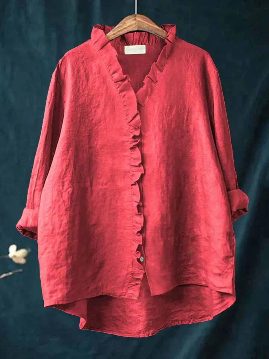 Briana Cotton Linen Blouse – Relaxed Ruffled Neckline Everyday Shirt