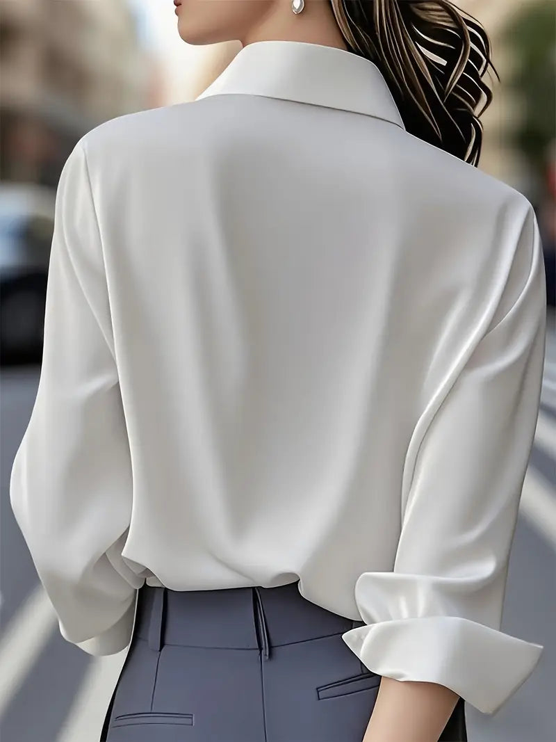 Anjelly Women's Solid Color Satin Lapel Shirt – Long Sleeve Blouse