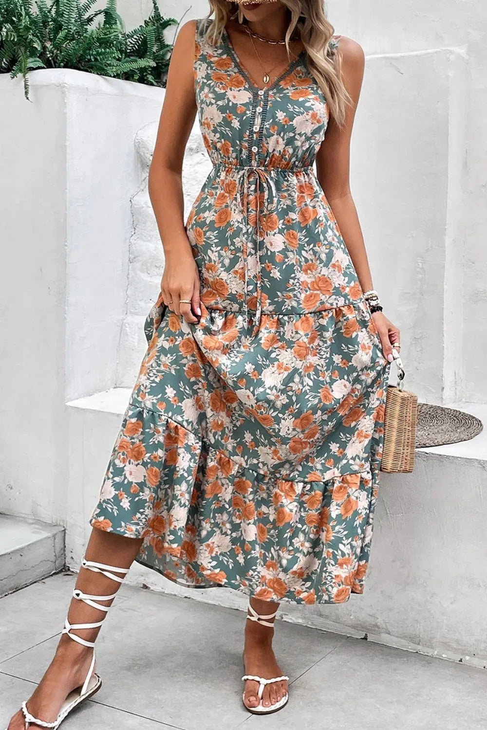 Noemie Floral Tie Waist Sleeveless Midi Dress Lightweight Summer Wear