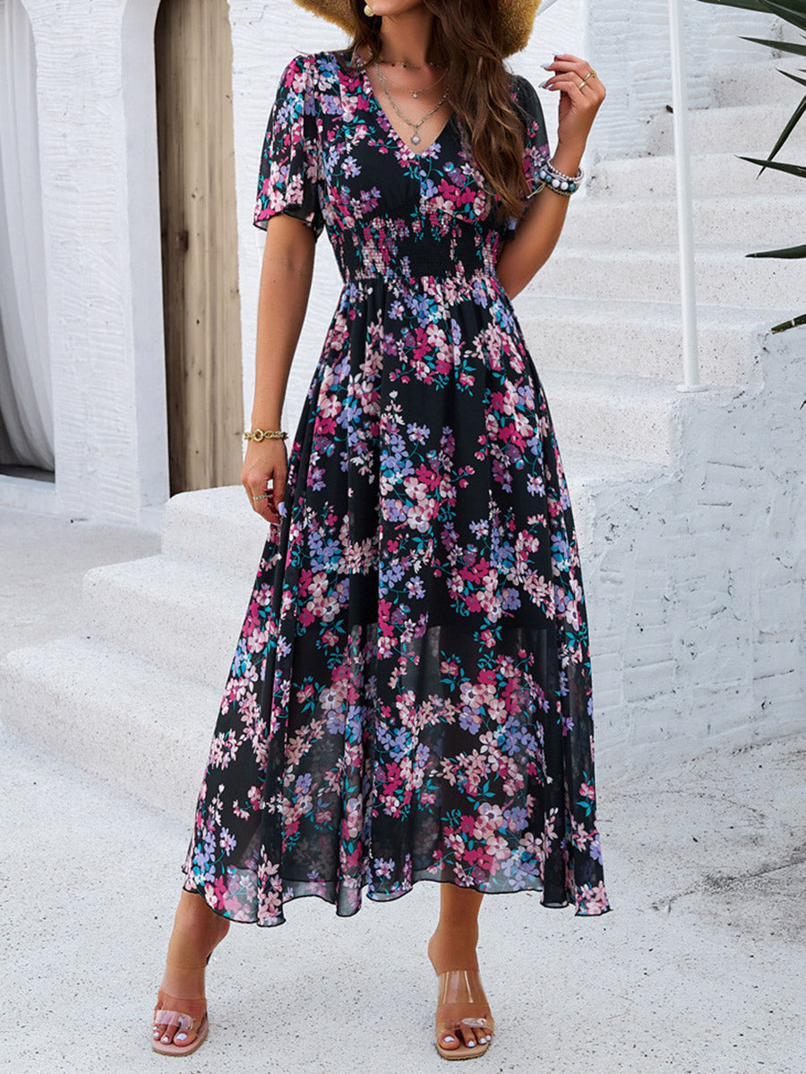 Margaret Floral V-Neck Pleated Maxi Dress – Elastic Waist Summer Silhouette