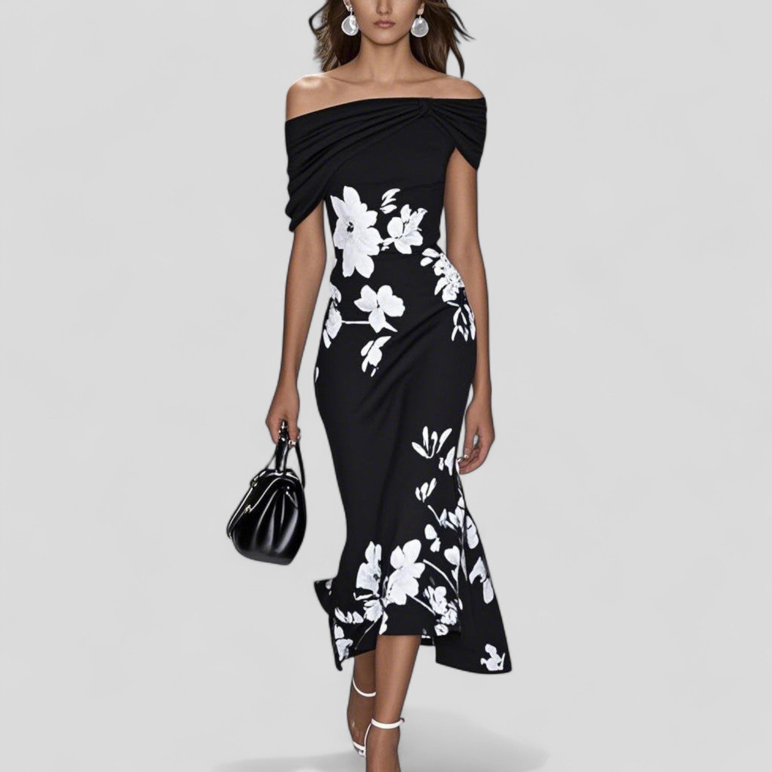 Selene Off Shoulder Midi Dress – Fishtail Floral Elegant Statement Evening Dress