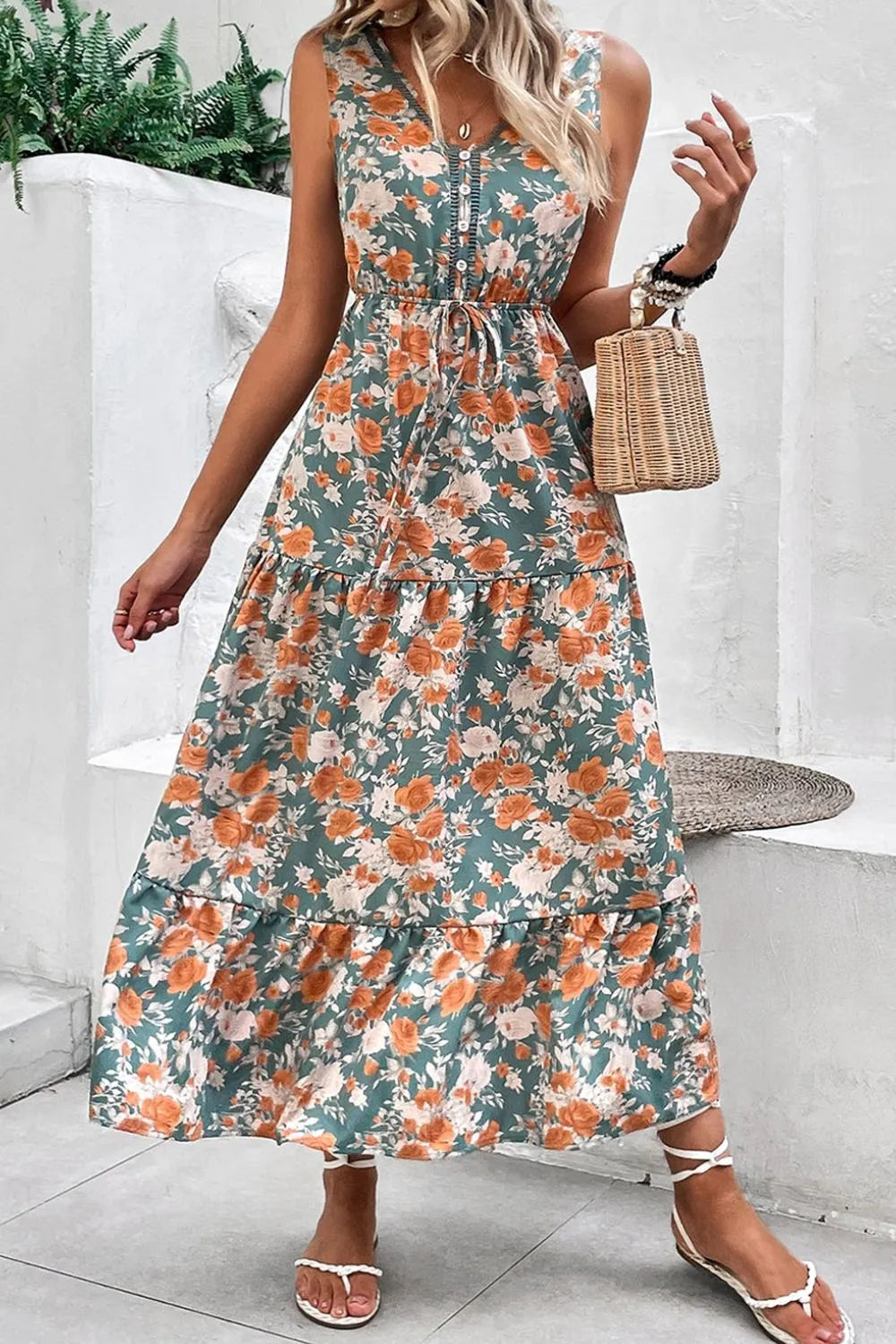 Noemie Floral Tie Waist Sleeveless Midi Dress Lightweight Summer Wear