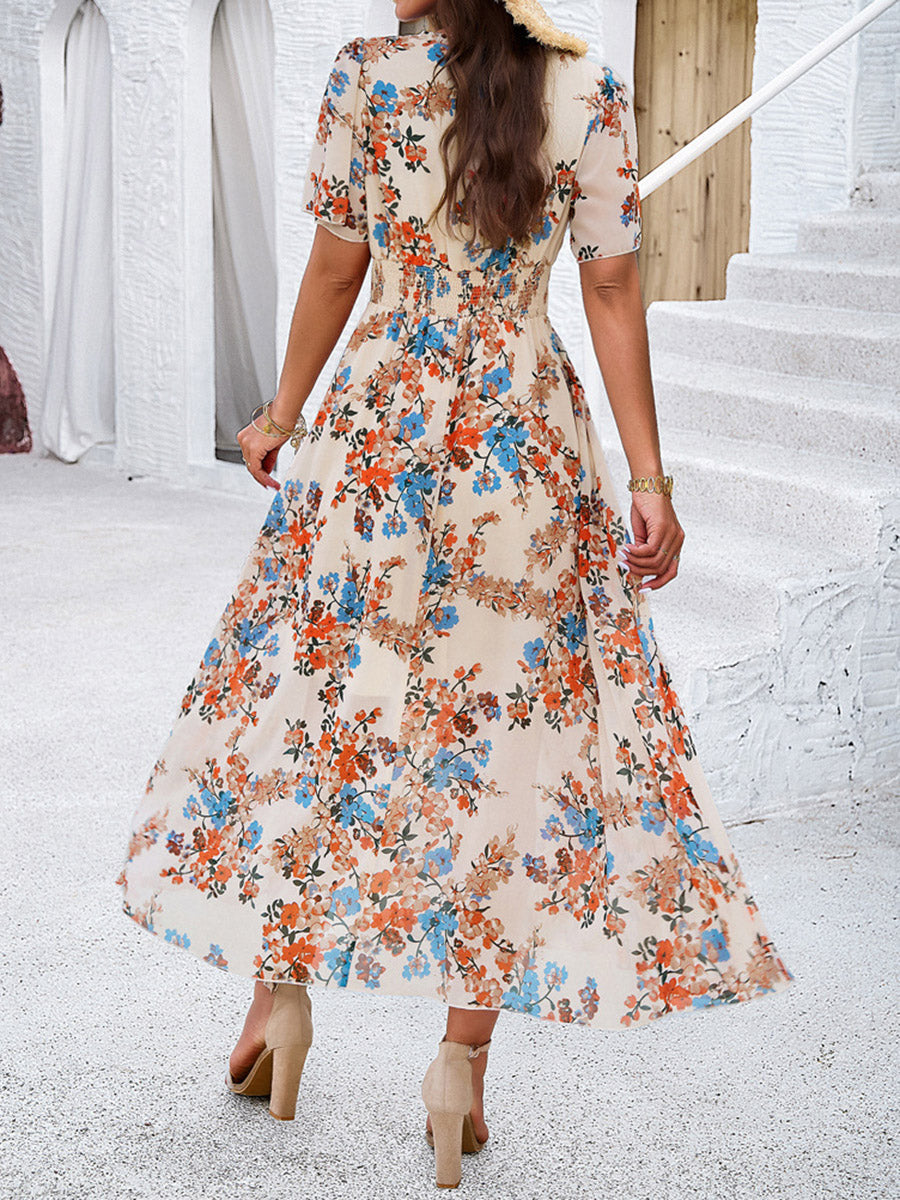 Margaret Floral V-Neck Pleated Maxi Dress – Elastic Waist Summer Silhouette