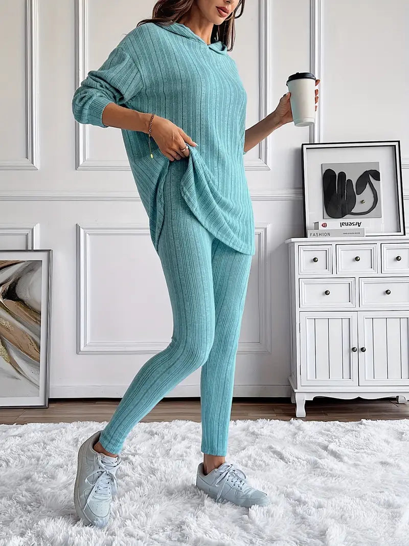 Camelia Women's Ribbed Knit Lounge Set – Soft Stretch Two-Piece Outfit